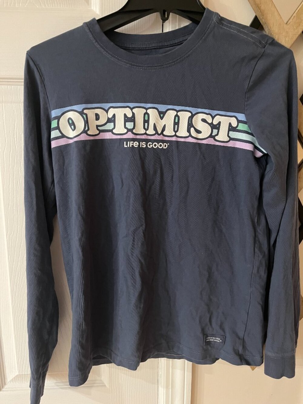 Life Is Good Top Womens Small Blue Optimist Long Sleeve Crew Neck Crusher Casual